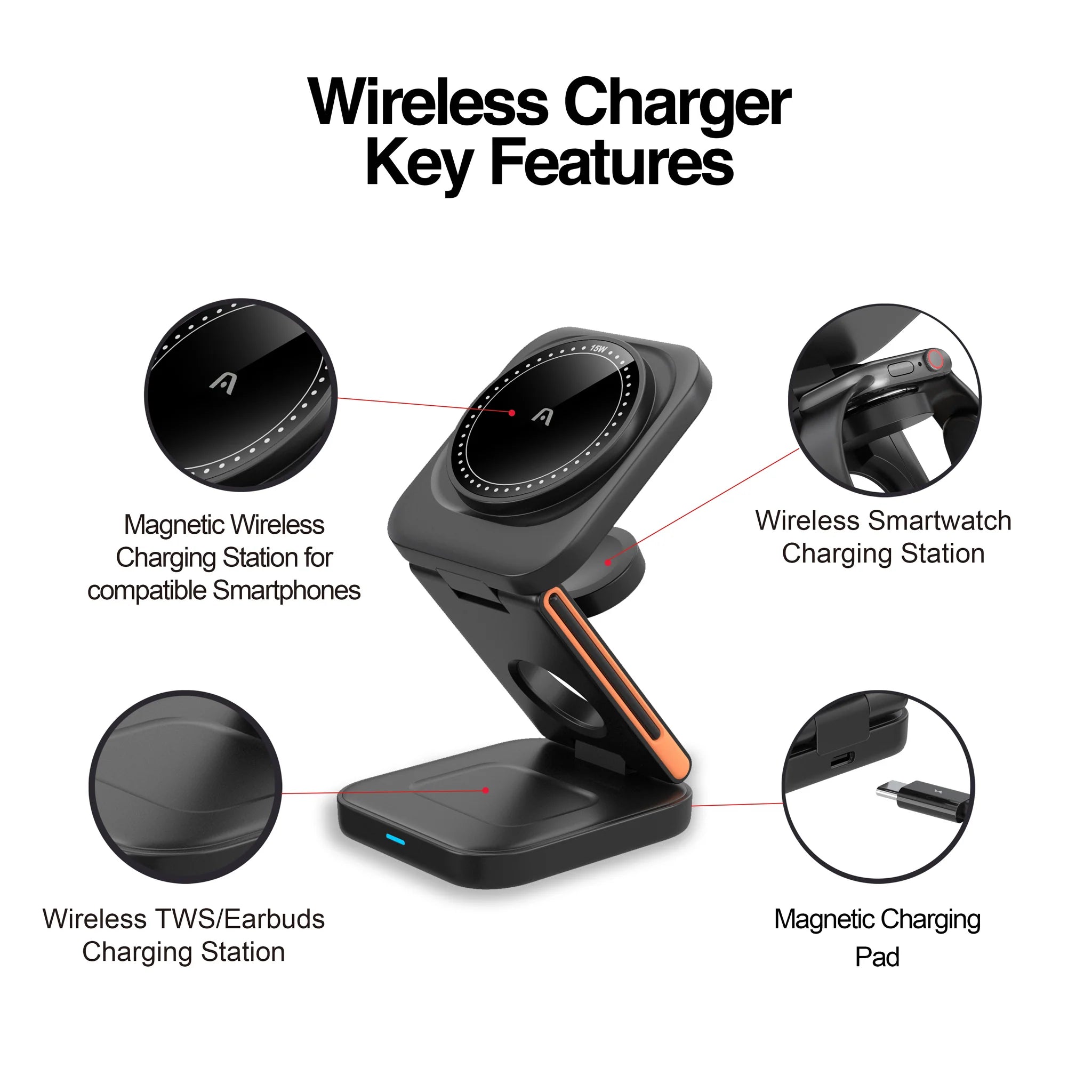 Argom Wireless Fast Charger 3 in 1 Foldable Stand MAGNETIC S4