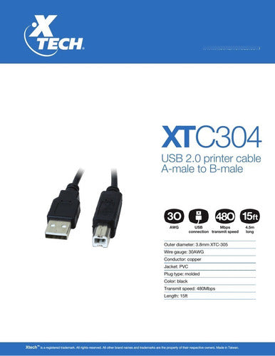 Xtech 15ft USB 2.0 A-male to B-male cable XTC-304