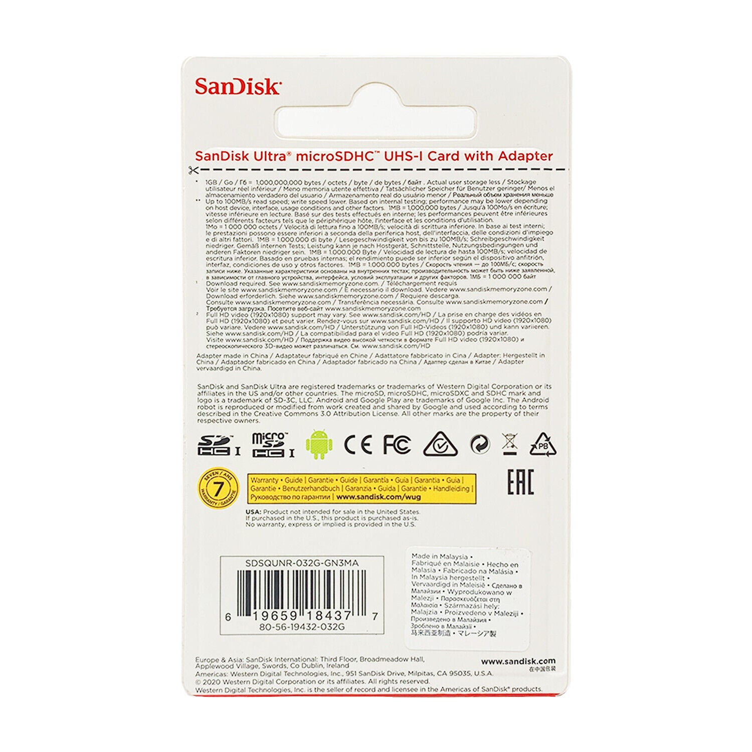 SANDISK 32GB MicroSD Memory + Class 10 Adapter